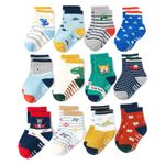 12 Pairs Baby Boy Cotton Socks Toddler Non Skid Socks with Grips Infant Newborn