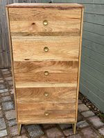 Casa Bella Solid Mango Wood Tallboy 5 Drawer Chest – Light Natural + Brass Knobs