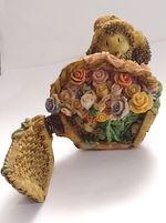 Hedgehog Hides His Hoglet In Fresh Flower Basket Figurine Hand Painted Vintage