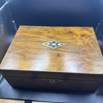 Antique Victorian Walnut Stationery Box with Brass & Mother of Pearl inlays