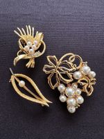 3 Vintage Nature Leaf Grapes Faux Pearl Rhinestone Gold Tone Brooch Job Lot