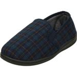 Mens Navy Check Twin Gusset Slippers Wide Fit Memory Foam Slip On House Shoes