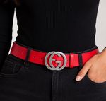Gucci Women’s Belt GG Marmont Red Leather 4cm Silver Double G Buckle Size 95/38