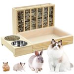 3 in 1 Rabbit Hay Feeder with Litter Box,Wooden Hay Feeder with 2 Bowls & Litter