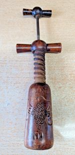Vintage Wooden Double Twist Corkscrew # Carved Vine & Grape # Lovely Patina -VGC