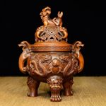 5.2-in Vintage Chinese Boxwood Carved Dragon Statue Incense Burner