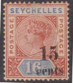(F276-13) 1893 Seychelles 15c O/P on 16c QVIC surcharge stamp (M) 