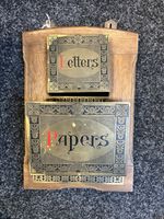 Antique Edwardian papers & envelope brass embossed & oak  hanging wall rack