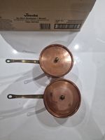 Set of Two Vintage French Copper Pans and Lid and with Riveted Brass Handles VGC