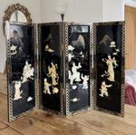 Japanese Black Lacquer Mother of Pearl 4 Panel Small Folding Screen Divider H24"