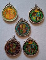 5x Half Crown Enamelled Coins 2x Sterling Silver 3x 50 Percent Silver.