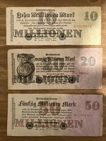 3 X Germany Banknotes. 10, 20, 50 Million Mark. Dated 1923. Vintage German Notes