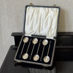 Antique Art Deco Sterling Silver & Bakelite 6 Coffee Bean Spoons, 1931  - Boxed