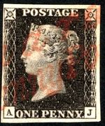 QV FINE USED 4 MARGIN 1D BLACK WITH GREAT "PENNY POST " CANCEL IN RED.