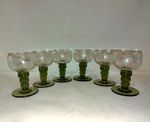 Vintage German Etched Grapevine Clear Glass Liquor shot glasses Green Stems X 6