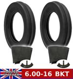 Two 6.00-16 Tyres & Tubes (600-16) BKT 3 Rib Tractor Front Tyres  (4PLY)