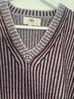 Zara Men’s Purple/Pink Striped V-Neck Ribbed Knit Pullover Wool Blend Jumper, M
