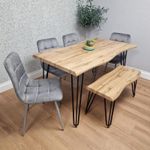 6-Pcs Dining Table Set with 4 Grey Tufted Velvet Chairs & 1 Bench Furniture Set