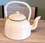 Vintage Kockums Sweden Cream Enamel 2L Tea Kettle with Green Trim