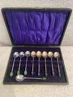 Vintage Silver Plated Coffee Bean Spoons Set of 9 In Purple Velvet Box EPNS