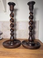 Pair of Vintage Oak Barley Twist Candlesticks 12" brass inlay