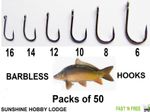 Coarse Fishing Hooks Eyed Barbless Straight Shank Medium Gape Packs Of 50 New UK