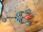 Antique Chinese Qing Silver Chatelaine Bat Pendant Carnelian Bead Charms Hook
