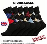 6 Pairs Men's Argyle Dress Socks One Size Mid Calf Cotton Blend Stretch Cuff