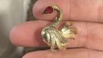 Lovely Swan Brooch Goldtone with Red Rhinestone Head