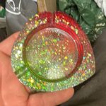 Unmarked Red & Green Multicolour Glitter Fleck Art Glass Round Ashtray