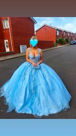 Blue Formal Tulle Ball Gown Dress with Lace Applique, Corset Back, Train