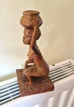 African Carved Wooden Woman Figure Carrying Pot on Head Statue