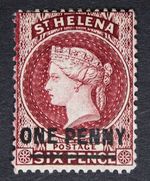 ST. HELENA SG21 1864 QV QV 1d on 6d Lake, P14x12.5, Mint MLH, Cat £85