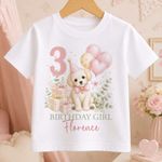 Personalised Birthday T-Shirt Pink Puppy Kids Boys Girls Name Any Age Tee Top UK