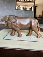 Hand carved Solid Wood Roaring Lion Figurine Vintage 8 inch Long