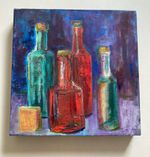 Vintage Oil Painting Still Life Bottles On Canvas Gallery Wall 30cm Sq