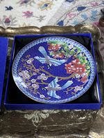 1991 Ching Tai Lan Cloisonne Enamel Plate Azure Winged Magpies Boxed