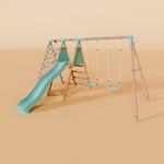 Double Wooden Swing Set with Climbing Wall and Slide - Stagwood I Waltons