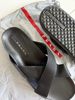 PRADA Men’s 4X3210 Black Leather Nylon Criss Cross Slide Sandals Size 9