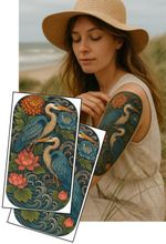 Elegant Heron Sleeve Temporary Tattoos – Floral Birds Design for Arm or Calf