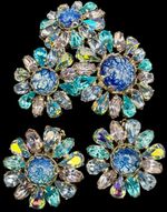 Weiss Blue & AB Rhinestone, Foiled Glass Cabochon Flower Brooch & Earrings Set