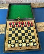 Antique C1930 / 40 Staunton TRAVEL Chess Set LEATHERETTE Paper Box Wood BOARD