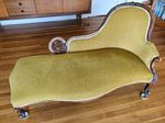 Victorian Chaise Longue - Mustard Velour with Hand Carved Wooden Frame