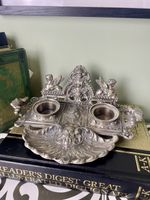 Antique Art Nouveau Ornate French Renaissance Revival Pewter Double Inkwell