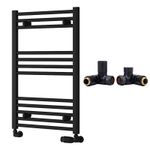 Reina Capo Flat Black Bathroom Heated Towel Rail 800 x 500 and DF Manual Valves