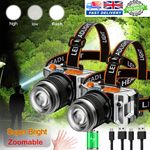 2-10X Super Bright LED 99000 LM Head Torch Lamp Headlamp Rechargeable Headlight
