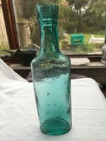 Early crude old green glass sauce relish condiment bottle c1880-1910