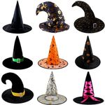 Halloween Party Witch Hat -Black Pointed Wizard Hat with Pumpkin Print Tulle Hat
