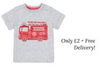 Baby Boys Mothercare T-Shirt Pure Cotton Grey Fire Engine Soft Summer Tee Top