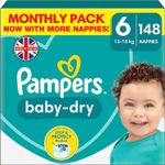 Pampers Baby-Dry Nappies Size 6, 148 Nappies, 13kg-18kg, 100% Leak-Free Night